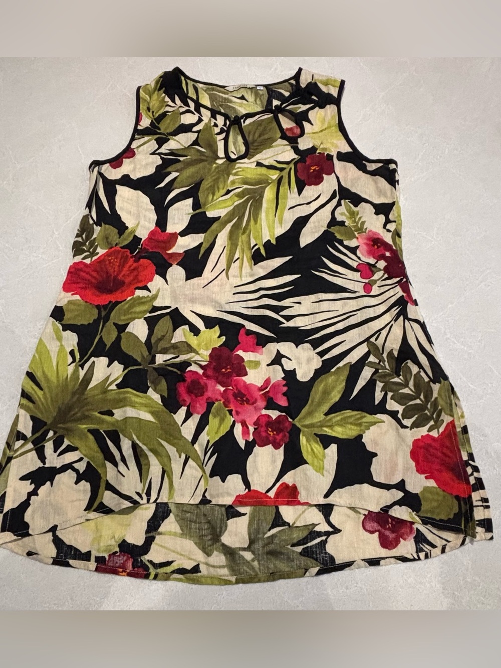 Jasmine 100% Linen Tropical Floral Sleeveless High-Low Tunic Top Large